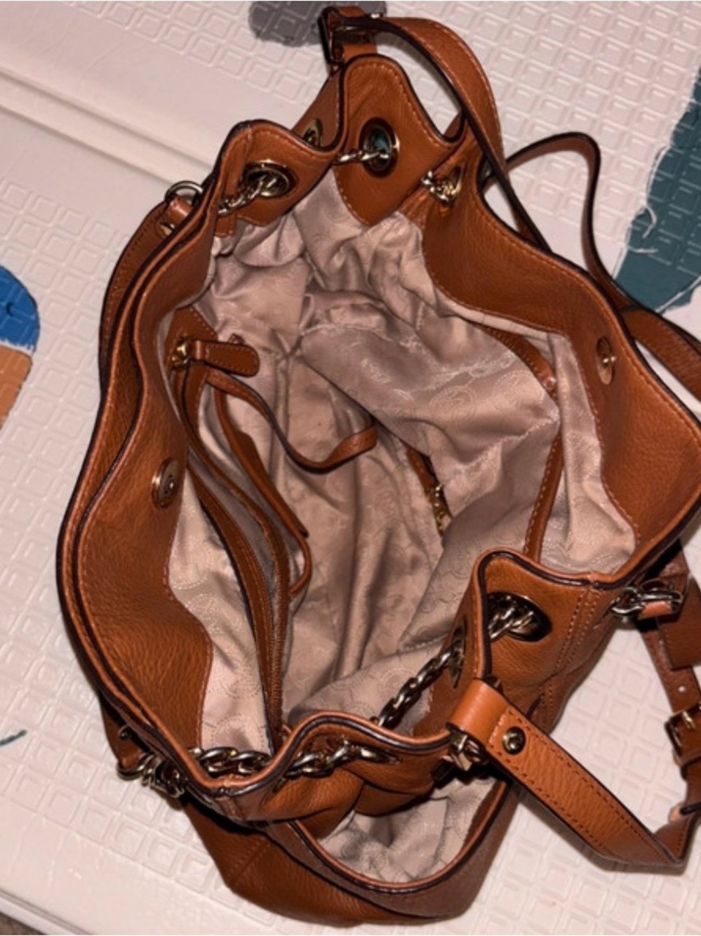 Michael Kors Cognac Pebbled Leather Shoulder Bag with Chain Charm - Picture 9 of 10